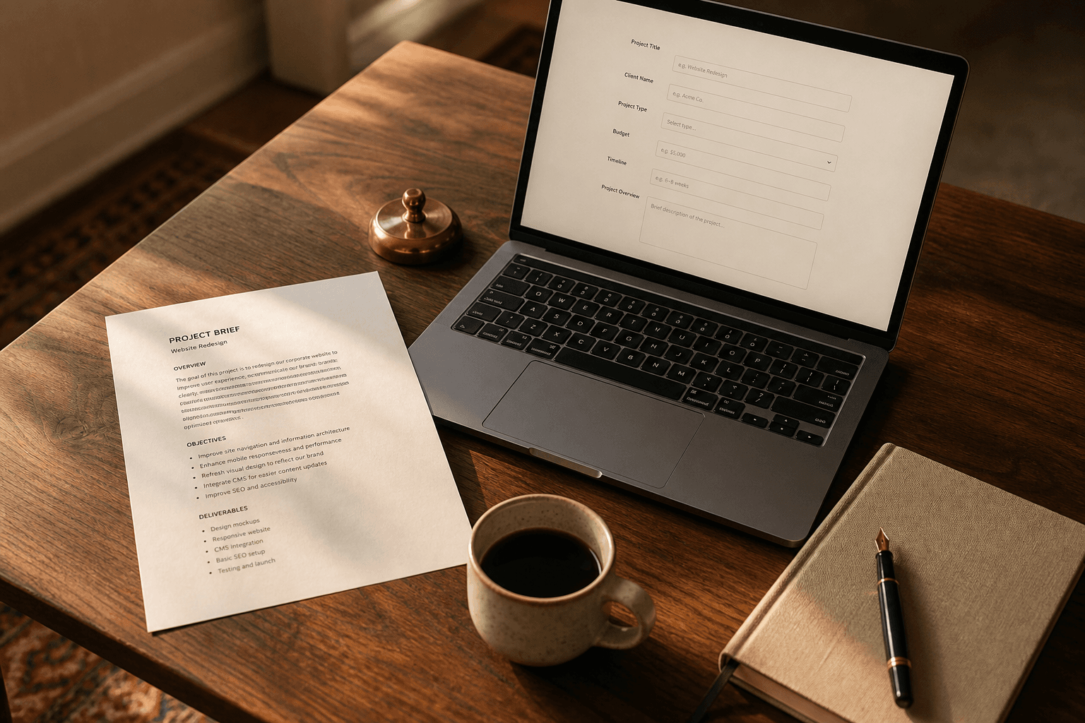 Walnut desk with a laptop open to a client intake form, printed brief, and coffee