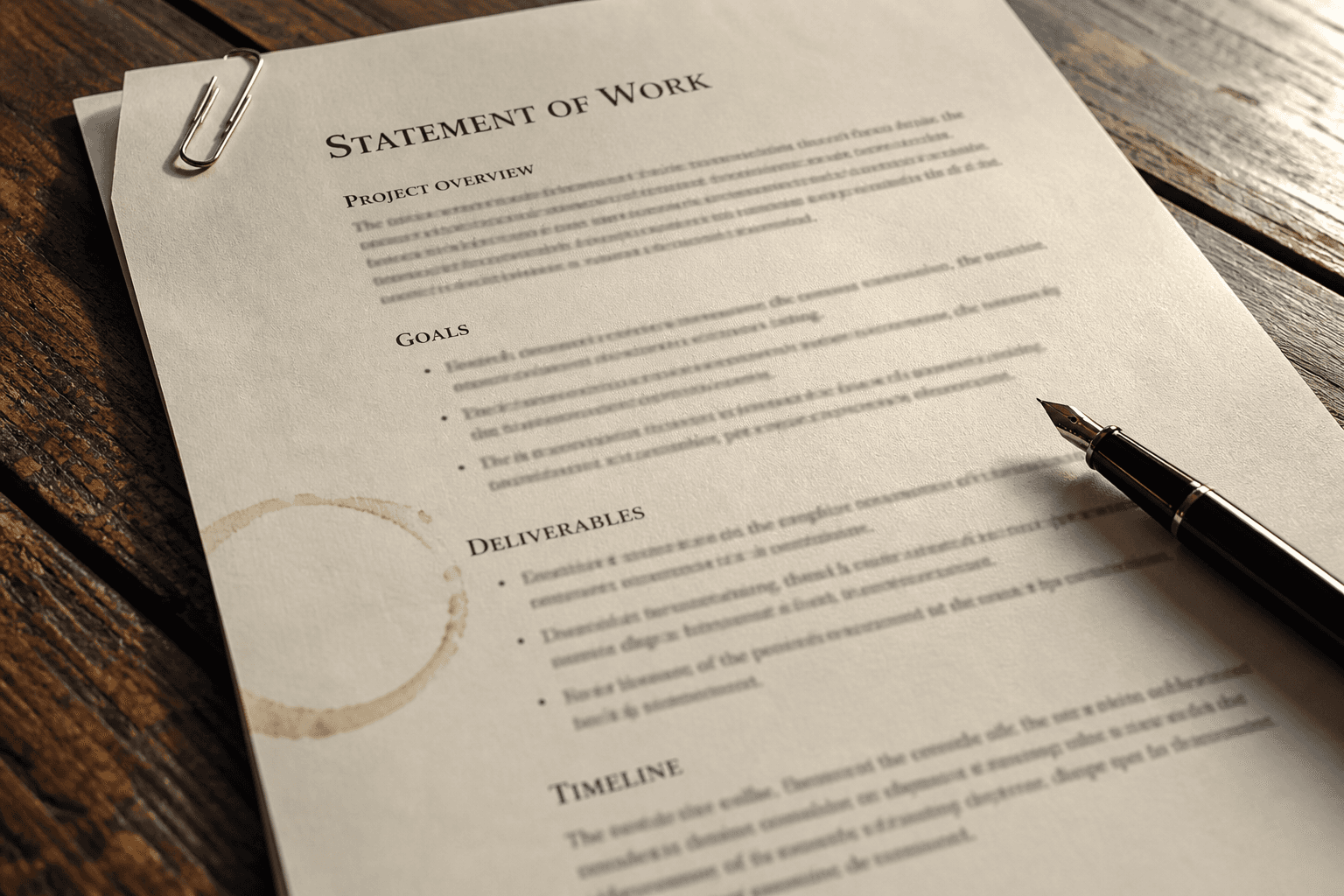 Printed statement of work on cream paper with a fountain pen